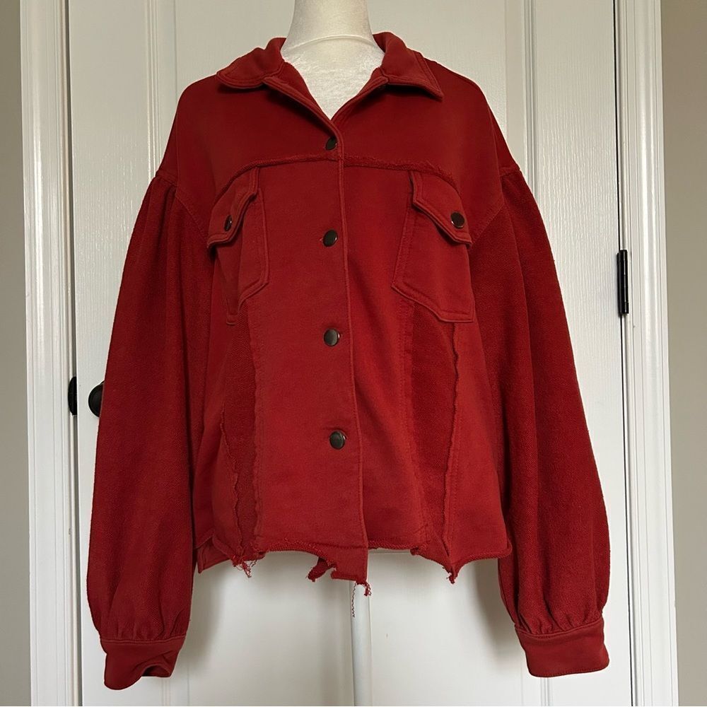Anthropologie Boho Chic Red Cropped Utility Jacket Raw Frayed Hem Slouchy Large